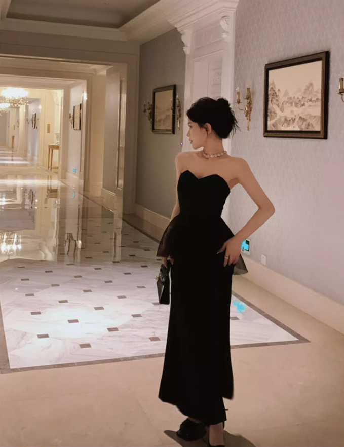 Classical Sheer Tulle Splicing High-Slit Maxi Dress Sexy Black Strapless Sheath Mermaid Long Dress AP1455