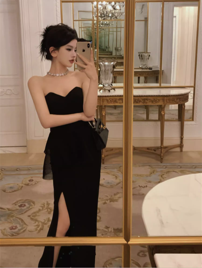 Classical Sheer Tulle Splicing High-Slit Maxi Dress Sexy Black Strapless Sheath Mermaid Long Dress AP1455