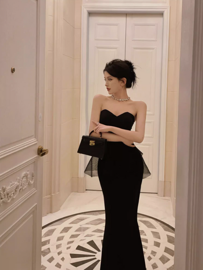 Classical Sheer Tulle Splicing High-Slit Maxi Dress Sexy Black Strapless Sheath Mermaid Long Dress AP1455