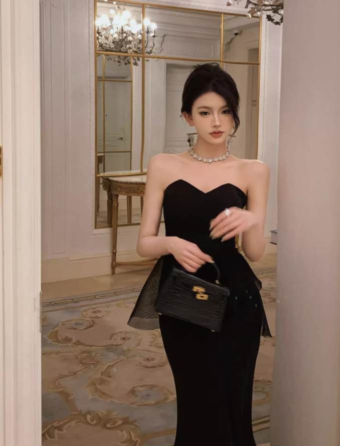 Classical Sheer Tulle Splicing High-Slit Maxi Dress Sexy Black Strapless Sheath Mermaid Long Dress AP1455