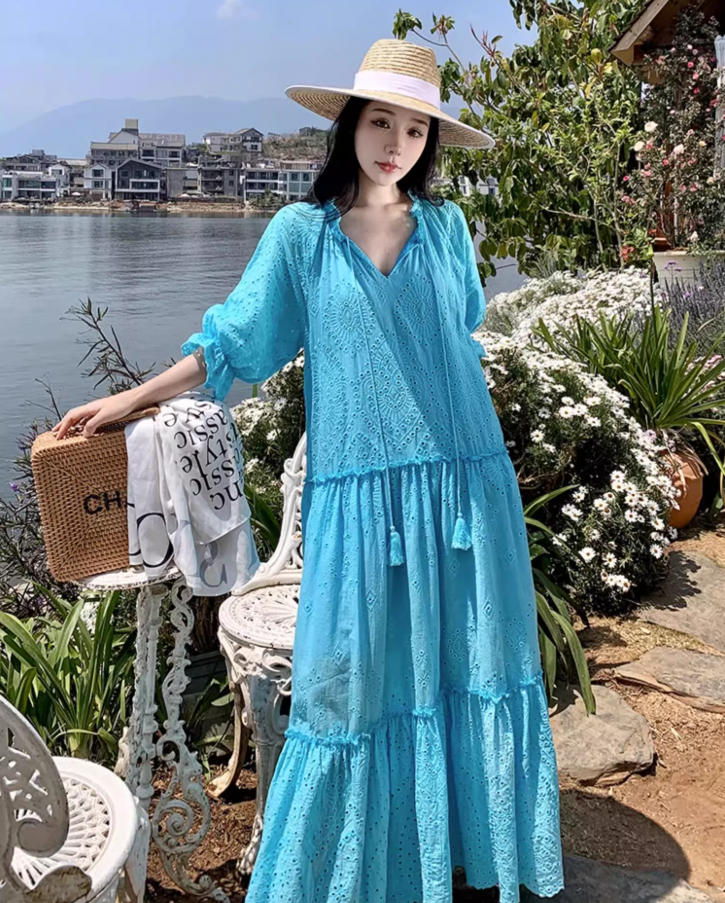 Retro Blue Eyelet Puff Sleeve Maxi Dress Boho Beach Vacays Tiered Ruffle Long Dress AP1456