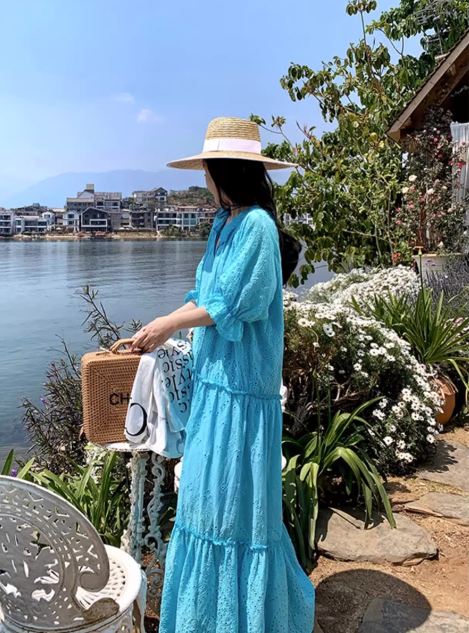 Retro Blue Eyelet Puff Sleeve Maxi Dress Boho Beach Vacays Tiered Ruffle Long Dress AP1456