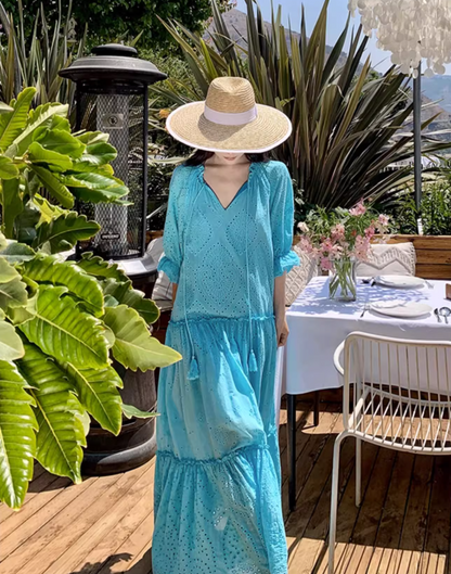 Retro Blue Eyelet Puff Sleeve Maxi Dress Boho Beach Vacays Tiered Ruffle Long Dress AP1456