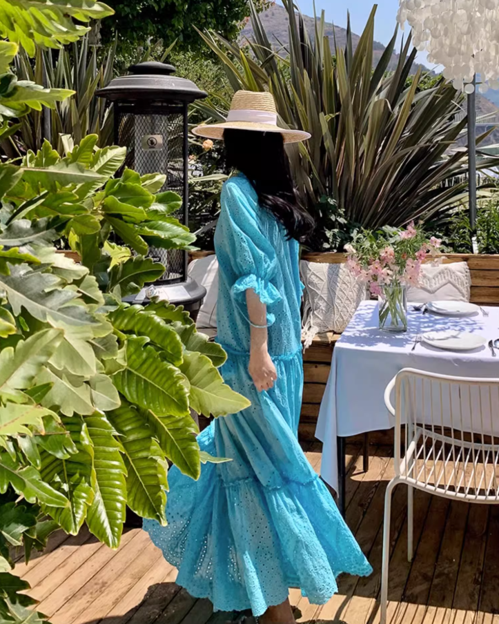 Retro Blue Eyelet Puff Sleeve Maxi Dress Boho Beach Vacays Tiered Ruffle Long Dress AP1456