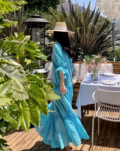 Retro Blue Eyelet Puff Sleeve Maxi Dress Boho Beach Vacays Tiered Ruffle Long Dress AP1456