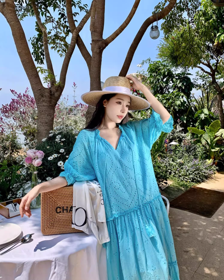 Retro Blue Eyelet Puff Sleeve Maxi Dress Boho Beach Vacays Tiered Ruffle Long Dress AP1456