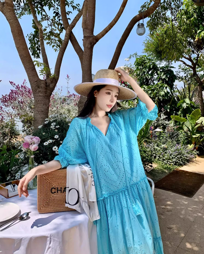 Retro Blue Eyelet Puff Sleeve Maxi Dress Boho Beach Vacays Tiered Ruffle Long Dress AP1456