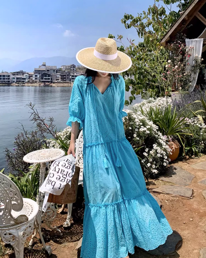 Retro Blue Eyelet Puff Sleeve Maxi Dress Boho Beach Vacays Tiered Ruffle Long Dress AP1456
