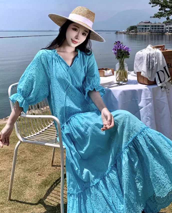 Retro Blue Eyelet Puff Sleeve Maxi Dress Boho Beach Vacays Tiered Ruffle Long Dress AP1456