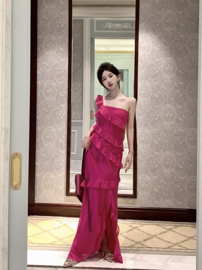 Glamorous Pink One-Shoulder High Slit Maxi Dress Vibrant Ruffled Tiered Cocktail Parties Long Dress AP1457