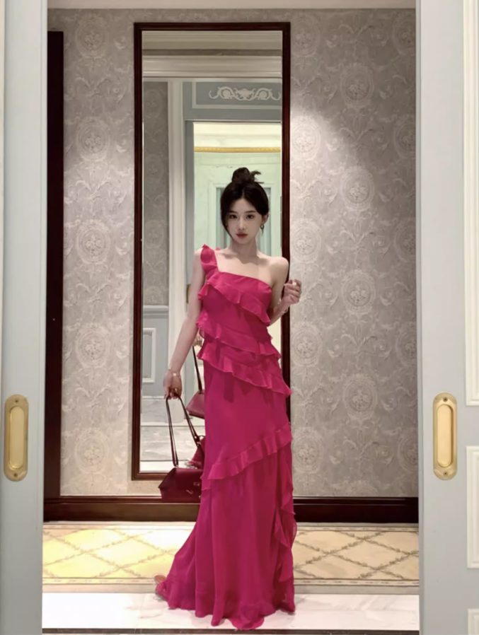 Glamorous Pink One-Shoulder High Slit Maxi Dress Vibrant Ruffled Tiered Cocktail Parties Long Dress AP1457