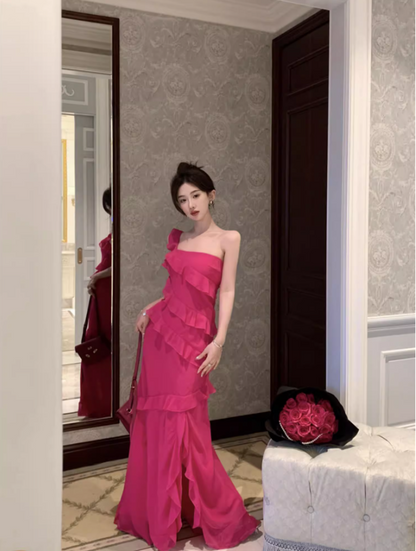 Glamorous Pink One-Shoulder High Slit Maxi Dress Vibrant Ruffled Tiered Cocktail Parties Long Dress AP1457