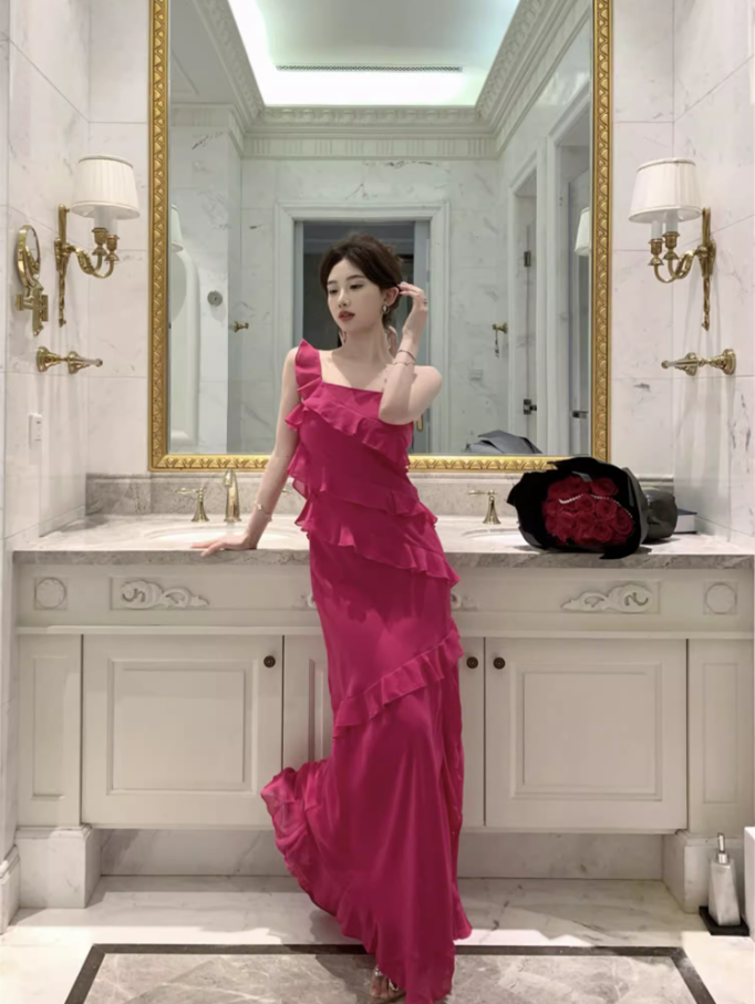 Glamorous Pink One-Shoulder High Slit Maxi Dress Vibrant Ruffled Tiered Cocktail Parties Long Dress AP1457