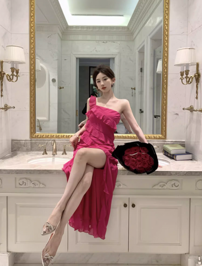 Glamorous Pink One-Shoulder High Slit Maxi Dress Vibrant Ruffled Tiered Cocktail Parties Long Dress AP1457