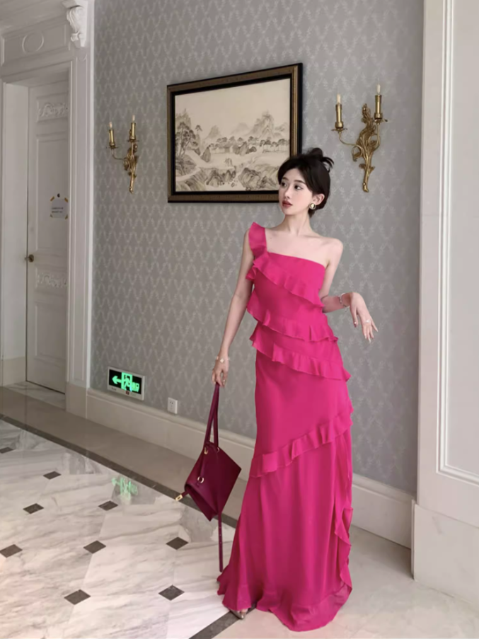 Glamorous Pink One-Shoulder High Slit Maxi Dress Vibrant Ruffled Tiered Cocktail Parties Long Dress AP1457