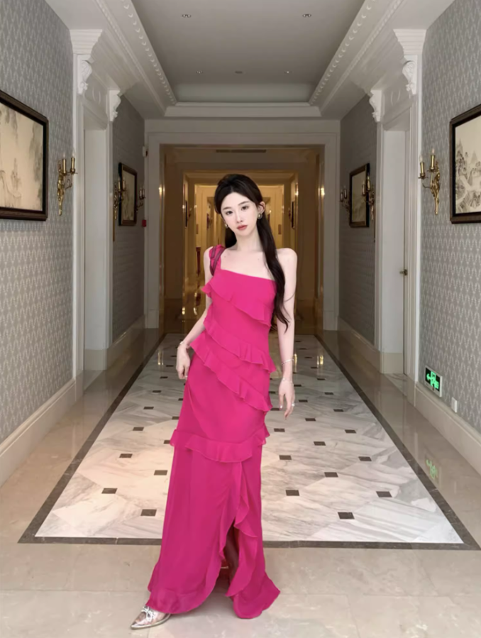 Glamorous Pink One-Shoulder High Slit Maxi Dress Vibrant Ruffled Tiered Cocktail Parties Long Dress AP1457