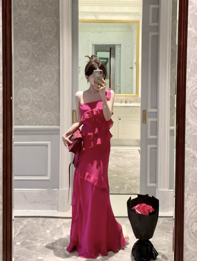 Glamorous Pink One-Shoulder High Slit Maxi Dress Vibrant Ruffled Tiered Cocktail Parties Long Dress AP1457