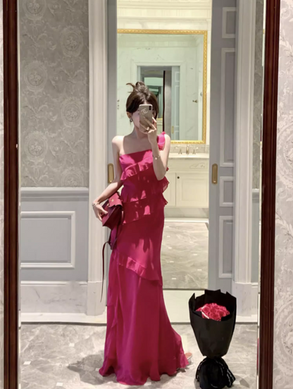 Glamorous Pink One-Shoulder High Slit Maxi Dress Vibrant Ruffled Tiered Cocktail Parties Long Dress AP1457