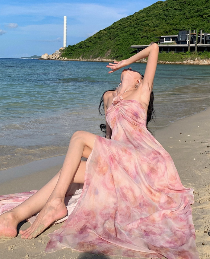 Chic Pink Floral Print Flowy Backless Maxi Dress Fashion Beach Vacays High-Slit Tiered Ruffle Hem Halter Long Dress AP1459