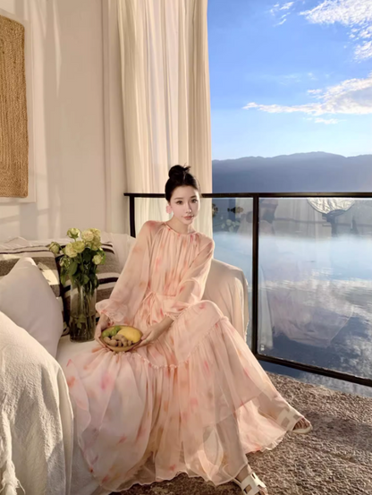 Fairy Pale Pink Chiffon Tiered Ruffle Maxi Dress Elegant Lantern Sleeve Flowy Long Dress AP1458