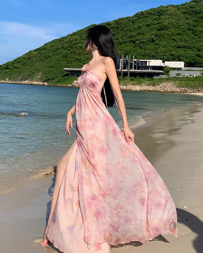 Chic Pink Floral Print Flowy Backless Maxi Dress Fashion Beach Vacays High-Slit Tiered Ruffle Hem Halter Long Dress AP1459