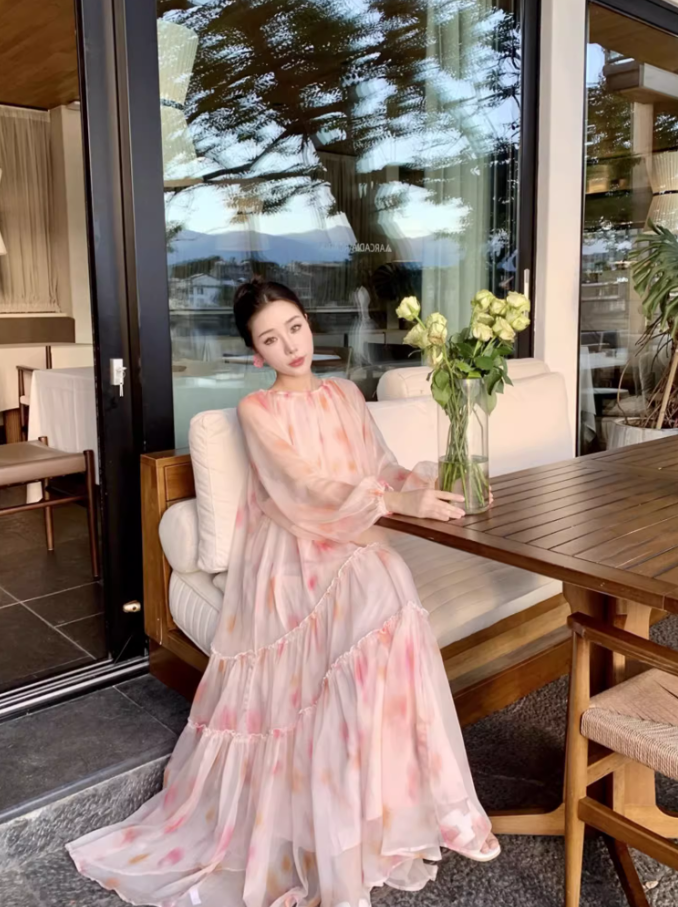 Fairy Pale Pink Chiffon Tiered Ruffle Maxi Dress Elegant Lantern Sleeve Flowy Long Dress AP1458