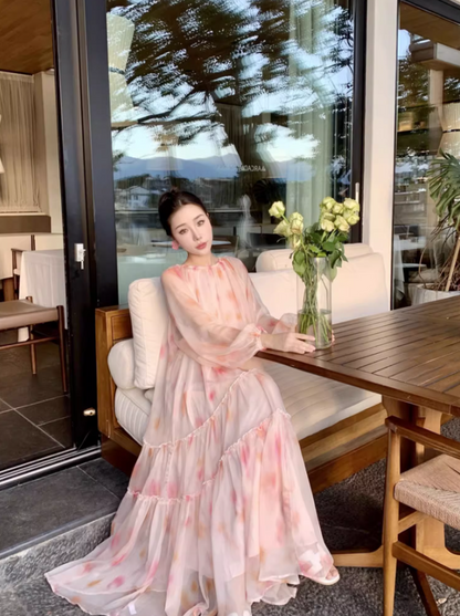 Fairy Pale Pink Chiffon Tiered Ruffle Maxi Dress Elegant Lantern Sleeve Flowy Long Dress AP1458