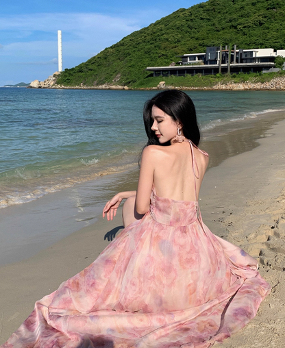 Chic Pink Floral Print Flowy Backless Maxi Dress Fashion Beach Vacays High-Slit Tiered Ruffle Hem Halter Long Dress AP1459