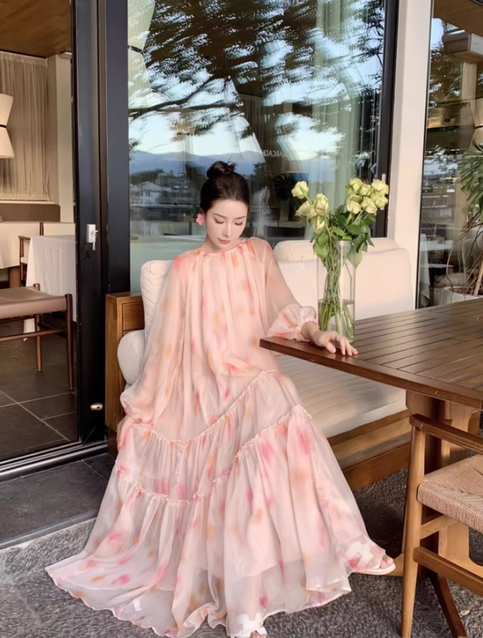 Fairy Pale Pink Chiffon Tiered Ruffle Maxi Dress Elegant Lantern Sleeve Flowy Long Dress AP1458