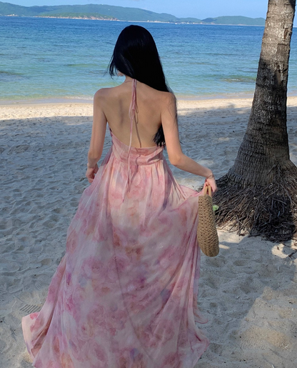 Chic Pink Floral Print Flowy Backless Maxi Dress Fashion Beach Vacays High-Slit Tiered Ruffle Hem Halter Long Dress AP1459