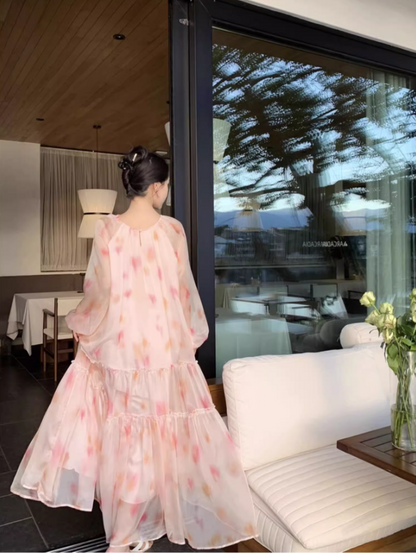 Fairy Pale Pink Chiffon Tiered Ruffle Maxi Dress Elegant Lantern Sleeve Flowy Long Dress AP1458