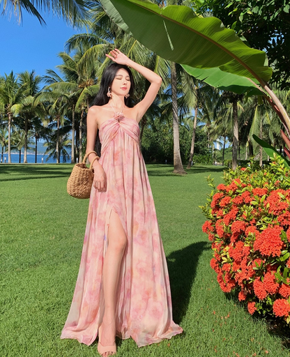 Chic Pink Floral Print Flowy Backless Maxi Dress Fashion Beach Vacays High-Slit Tiered Ruffle Hem Halter Long Dress AP1459