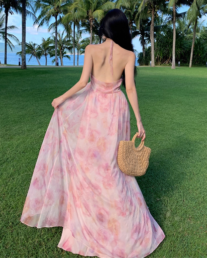 Chic Pink Floral Print Flowy Backless Maxi Dress Fashion Beach Vacays High-Slit Tiered Ruffle Hem Halter Long Dress AP1459