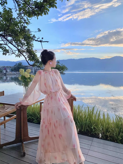 Fairy Pale Pink Chiffon Tiered Ruffle Maxi Dress Elegant Lantern Sleeve Flowy Long Dress AP1458