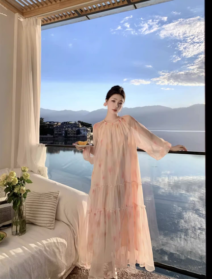 Fairy Pale Pink Chiffon Tiered Ruffle Maxi Dress Elegant Lantern Sleeve Flowy Long Dress AP1458