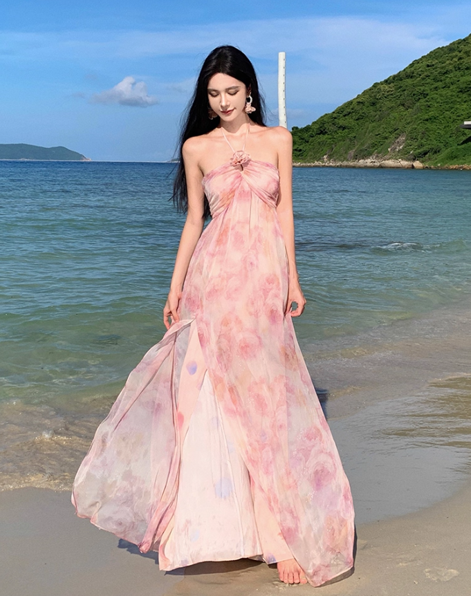 Chic Pink Floral Print Flowy Backless Maxi Dress Fashion Beach Vacays High-Slit Tiered Ruffle Hem Halter Long Dress AP1459