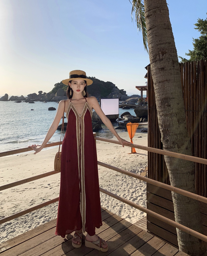 Vintage Burgundy Deep V-Neck Backless Maxi Dress Boho-Inspired Beach Vacays Flowy Lace-Trimmed Halter Long Dress AP1460