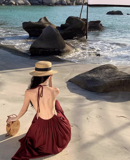 Vintage Burgundy Deep V-Neck Backless Maxi Dress Boho-Inspired Beach Vacays Flowy Lace-Trimmed Halter Long Dress AP1460