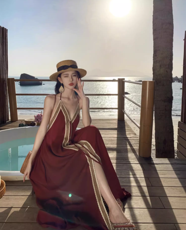 Vintage Burgundy Deep V-Neck Backless Maxi Dress Boho-Inspired Beach Vacays Flowy Lace-Trimmed Halter Long Dress AP1460