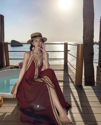 Vintage Burgundy Deep V-Neck Backless Maxi Dress Boho-Inspired Beach Vacays Flowy Lace-Trimmed Halter Long Dress AP1460