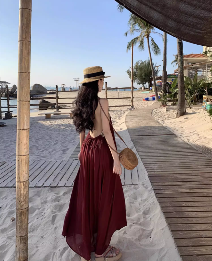 Vintage Burgundy Deep V-Neck Backless Maxi Dress Boho-Inspired Beach Vacays Flowy Lace-Trimmed Halter Long Dress AP1460