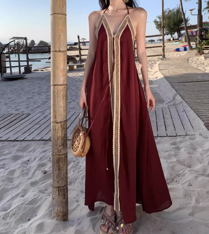 Vintage Burgundy Deep V-Neck Backless Maxi Dress Boho-Inspired Beach Vacays Flowy Lace-Trimmed Halter Long Dress AP1460