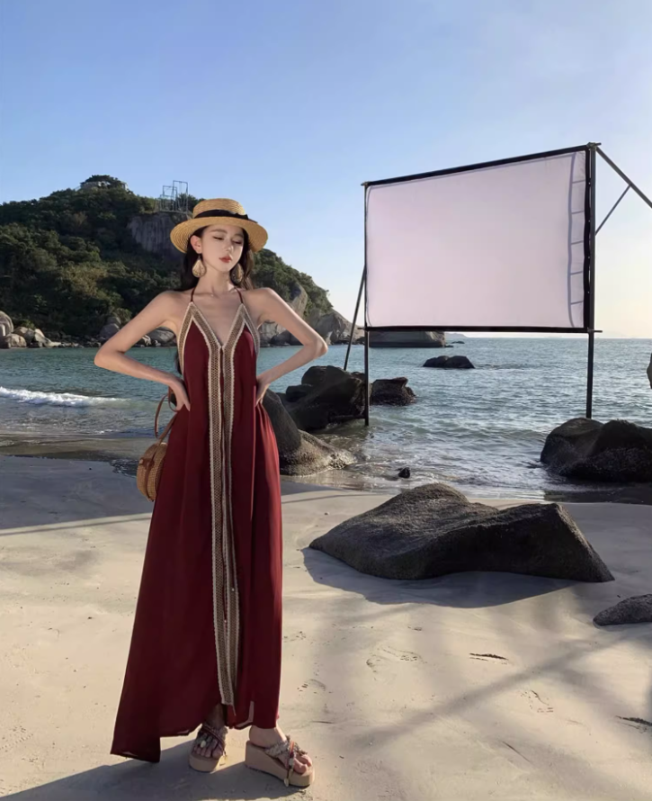 Vintage Burgundy Deep V-Neck Backless Maxi Dress Boho-Inspired Beach Vacays Flowy Lace-Trimmed Halter Long Dress AP1460