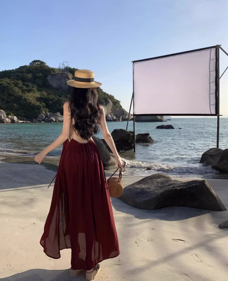 Vintage Burgundy Deep V-Neck Backless Maxi Dress Boho-Inspired Beach Vacays Flowy Lace-Trimmed Halter Long Dress AP1460