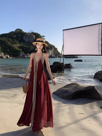 Vintage Burgundy Deep V-Neck Backless Maxi Dress Boho-Inspired Beach Vacays Flowy Lace-Trimmed Halter Long Dress AP1460