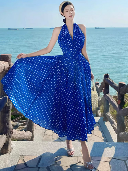Charming Polka Dot Coastal Vacays Backless Maxi Dress Flowy Versatile Blue Waist-Cinched Halter Long Dress AP1461