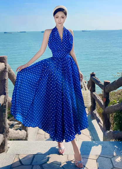 Charming Polka Dot Coastal Vacays Backless Maxi Dress Flowy Versatile Blue Waist-Cinched Halter Long Dress AP1461