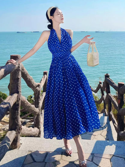 Charming Polka Dot Coastal Vacays Backless Maxi Dress Flowy Versatile Blue Waist-Cinched Halter Long Dress AP1461
