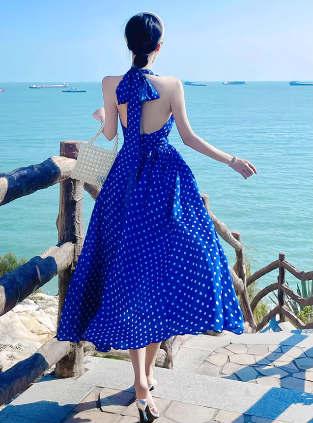 Charming Polka Dot Coastal Vacays Backless Maxi Dress Flowy Versatile Blue Waist-Cinched Halter Long Dress AP1461