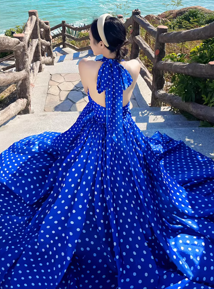 Charming Polka Dot Coastal Vacays Backless Maxi Dress Flowy Versatile Blue Waist-Cinched Halter Long Dress AP1461